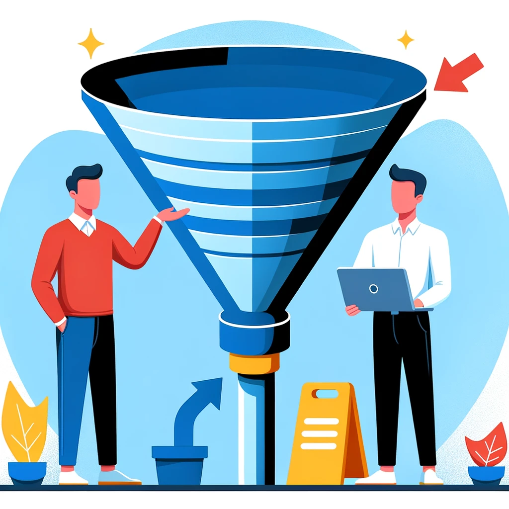 DALL·E 2024-03-06 15.36.46 - Create a flat design illustration of a person standing next to a large funnel that represents a conversion funnel. The person should be gesturing towa