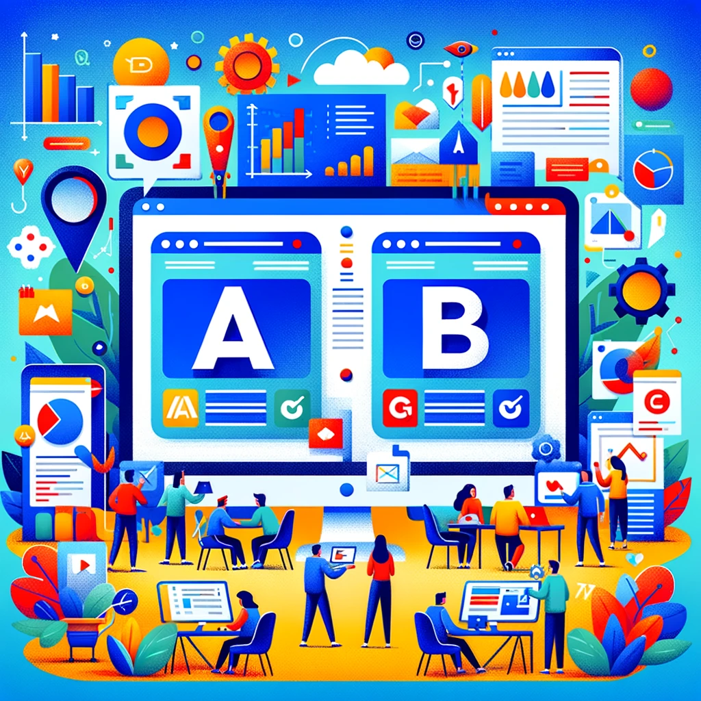 DALL·E 2024-03-06 15.38.18 - Craft an image that showcases a dynamic A_B testing scenario in a vibrant and colorful setting. The scene should include two large cards labeled 'A' a