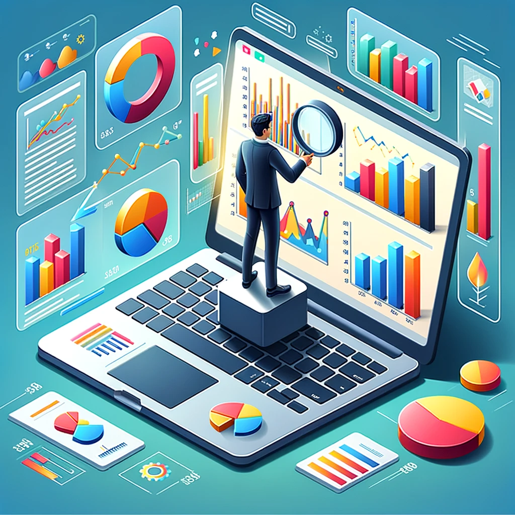 DALL·E 2024-03-06 16.09.32 - Illustrate an isometric image depicting a businessman standing on a large laptop, analyzing data. The laptop screen should display a vibrant array of