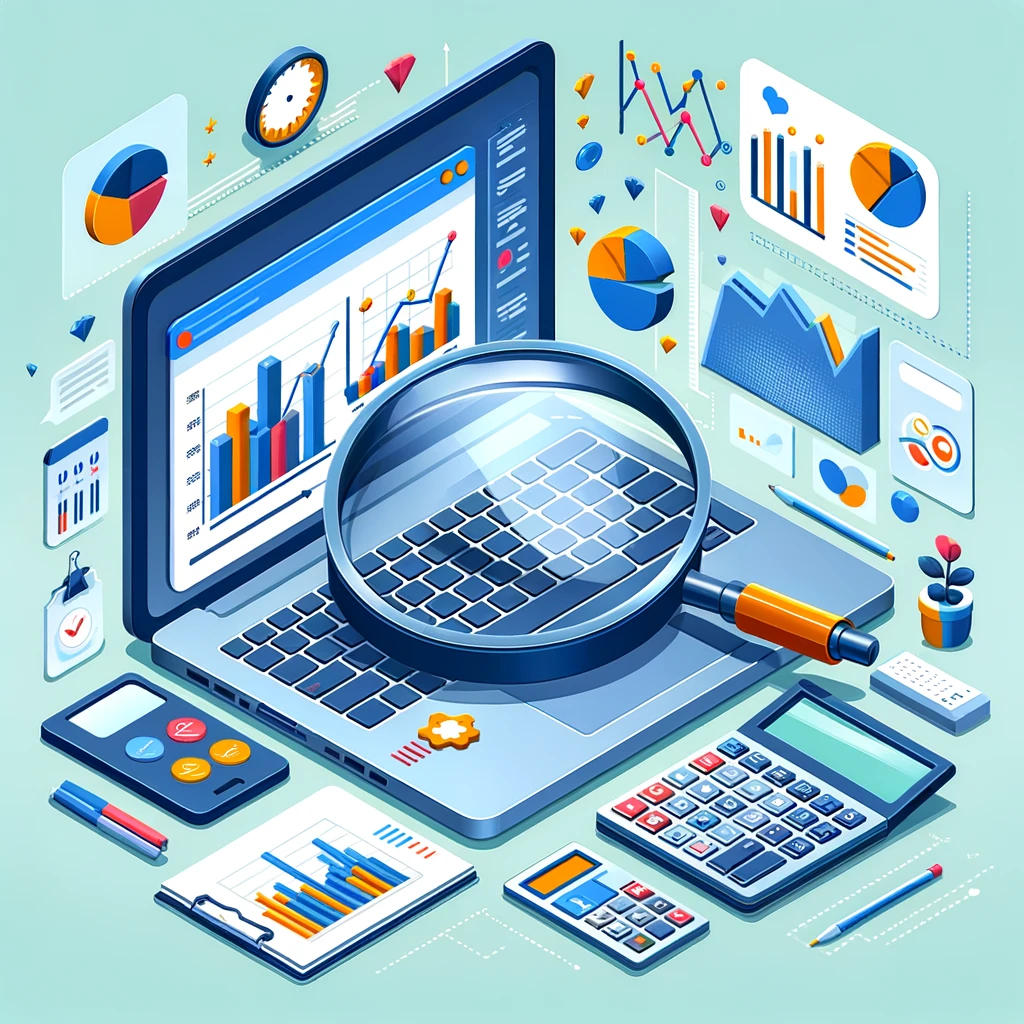 DALL·E 2024-03-06 16.14.30 - Design an isometric illustration depicting a laptop with detailed charts and data analytics on the screen. Overlay a large magnifying glass to suggest