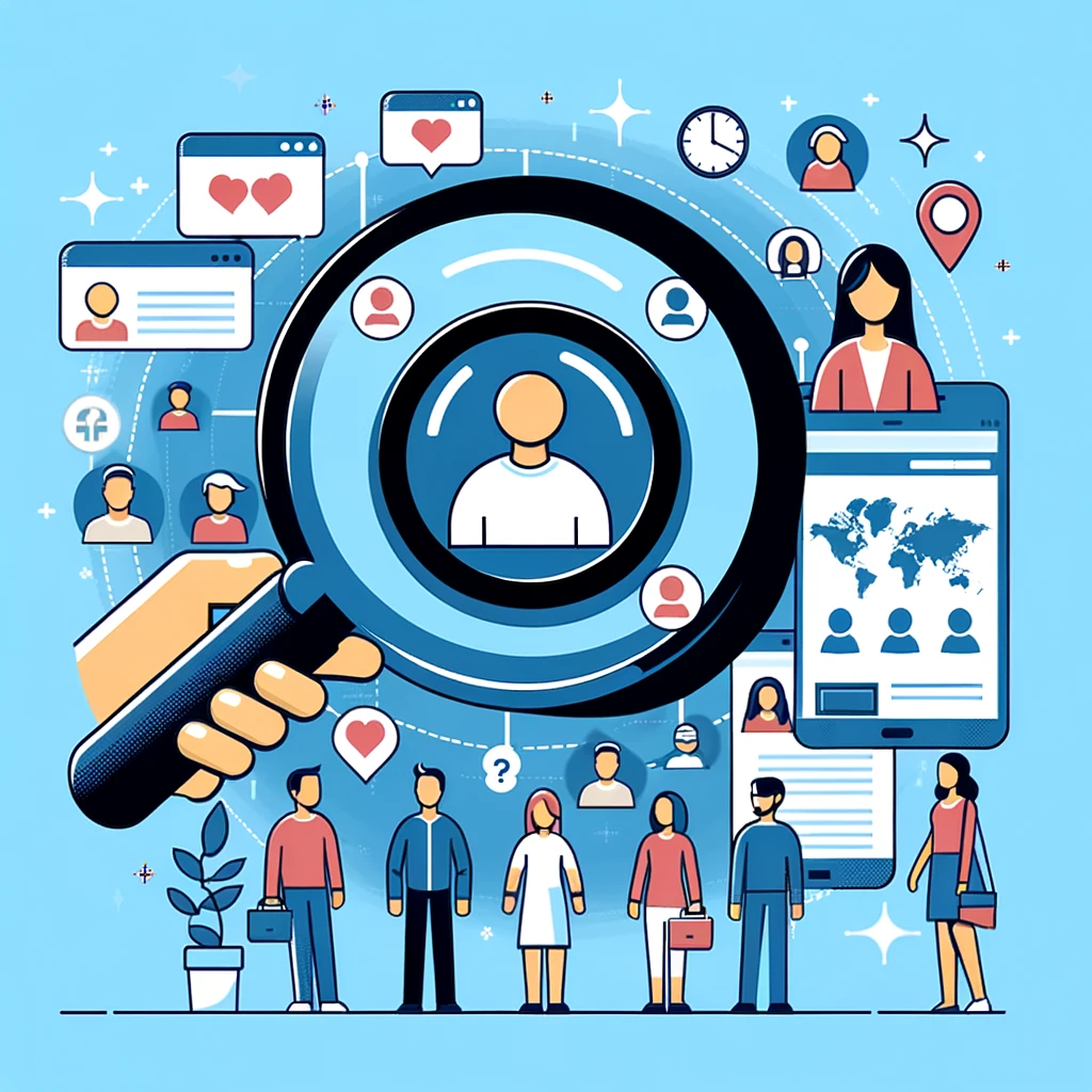 DALL·E 2024-03-07 11.45.56 - Produce an image illustrating a focused user behavior analysis. Depict a magnifying glass scrutinizing a small number of individuals who represent dif