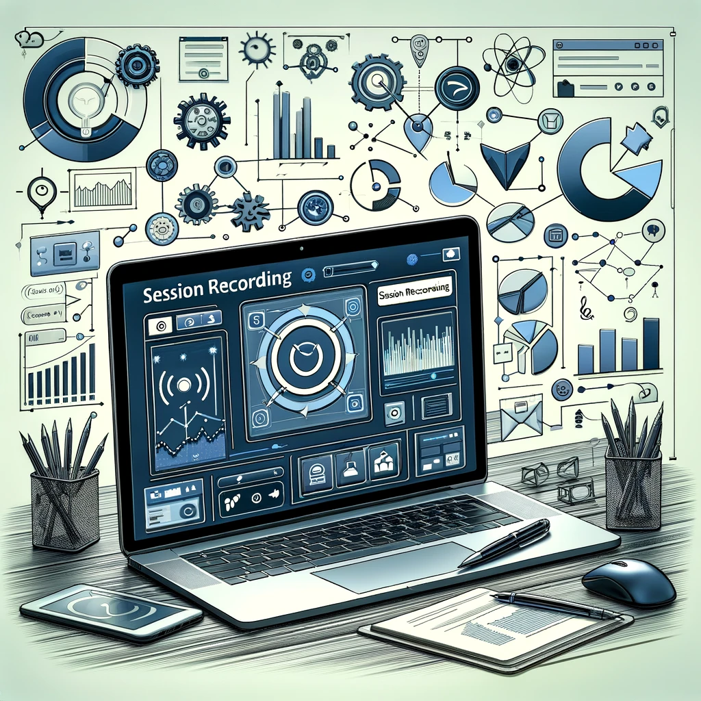 DALL·E 2024-03-12 11.21.40 - Craft an image representing the idea of session recording within a web analytics framework. Illustrate a digital workspace with a laptop screen displa