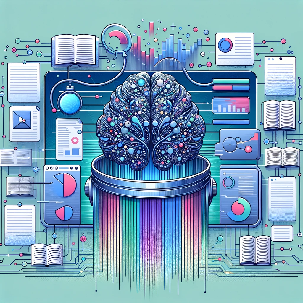 DALL·E 2024-03-12 11.34.30 - Create an illustration that depicts the power of AI in summarizing complex text. Show a digital workspace where an AI brain or entity processes large